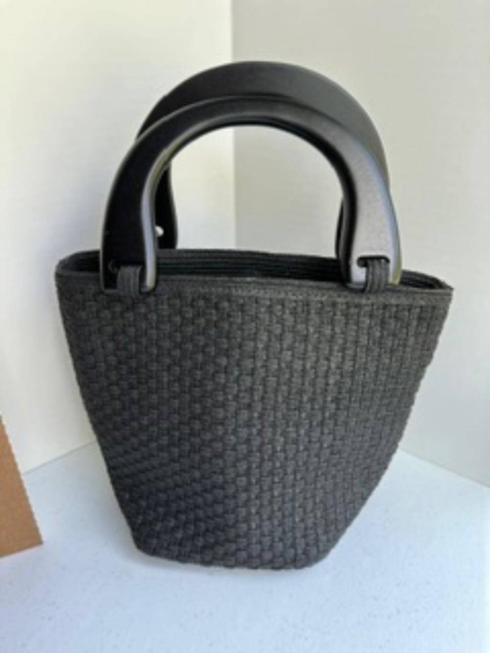 Talbots-Jet Black woven handbag w/ black wood handles-Like New!